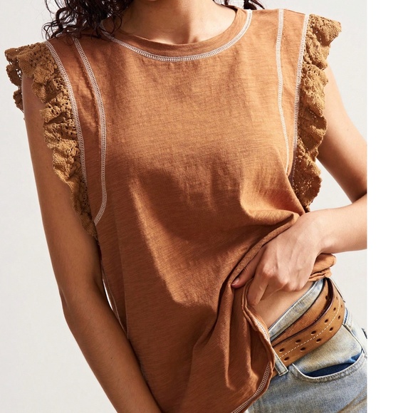 Rust Orange Lace Ruffle Cap Sleeve Top - Picture 2 of 6